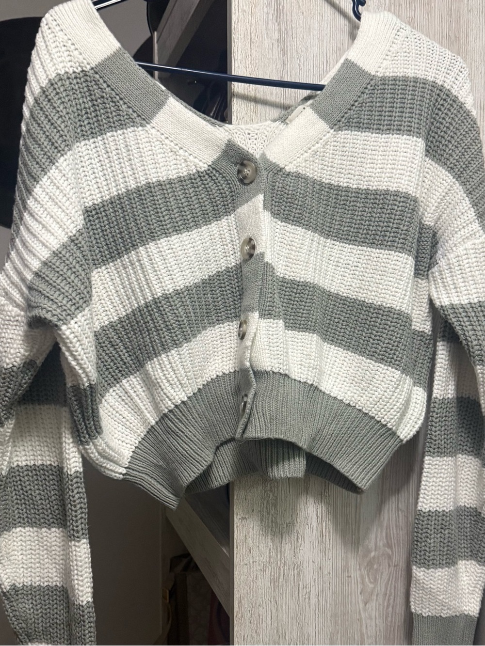 Cropped Striped Knit Cardigan - White & Sage